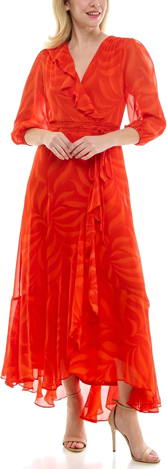 Women's V-Neck Ruffle Faux Wrap Maxi Dress