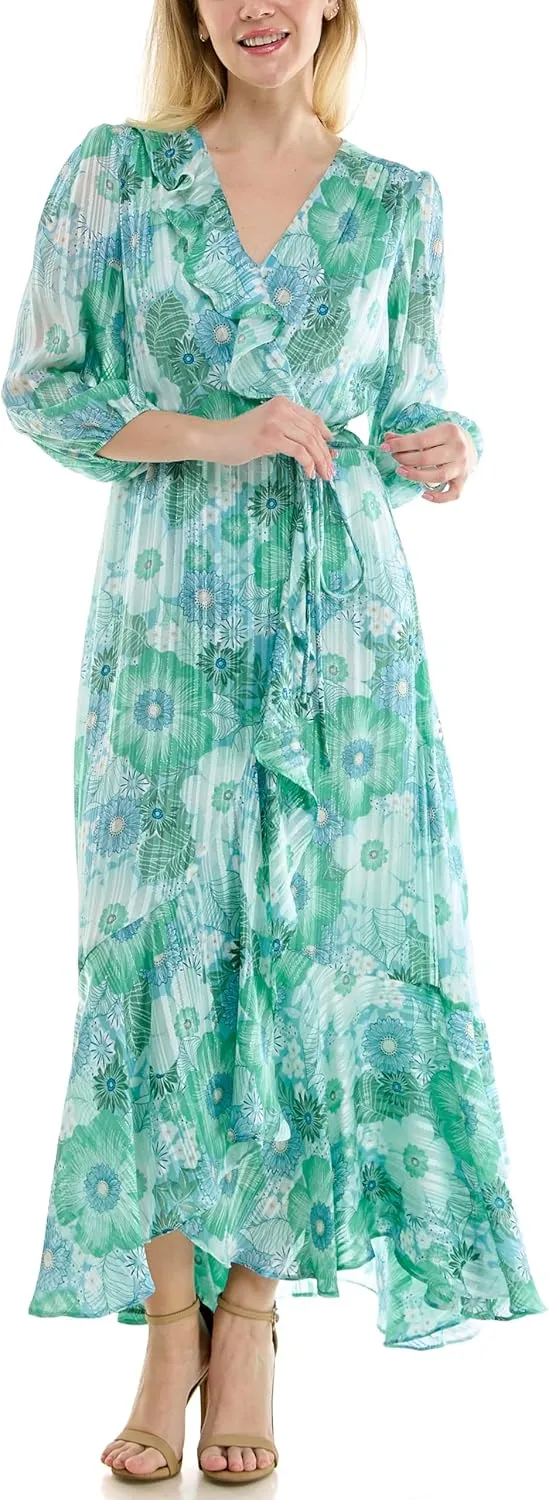 Women's V-Neck Ruffle Faux Wrap Maxi Dress