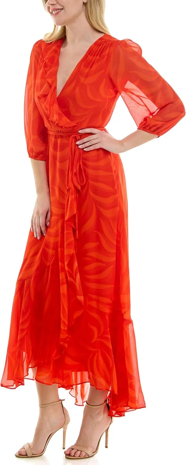 Women's V-Neck Ruffle Faux Wrap Maxi Dress