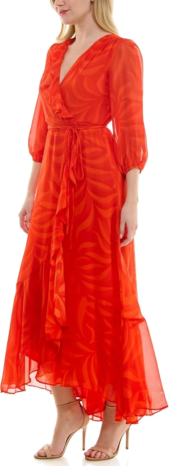 Women's V-Neck Ruffle Faux Wrap Maxi Dress
