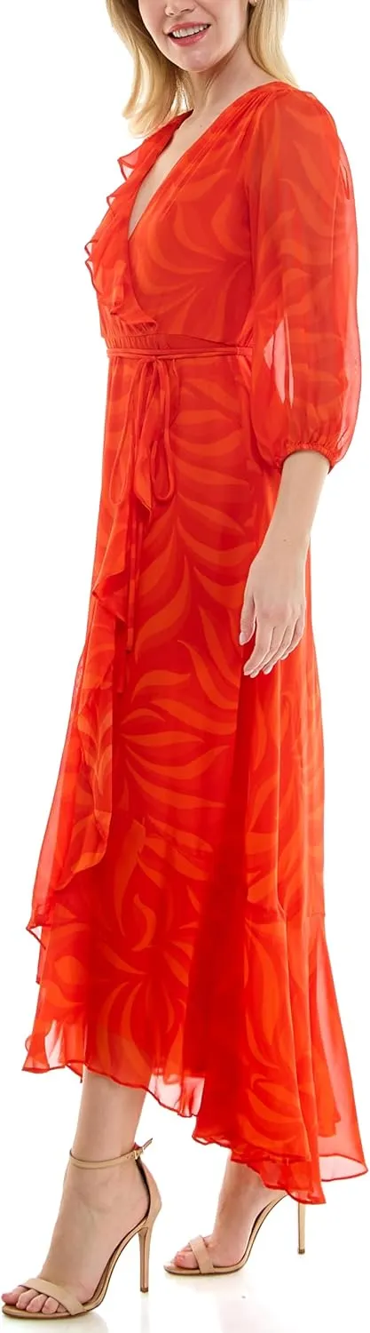 Women's V-Neck Ruffle Faux Wrap Maxi Dress