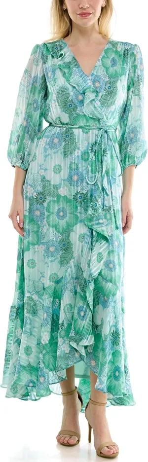 Women's V-Neck Ruffle Faux Wrap Maxi Dress