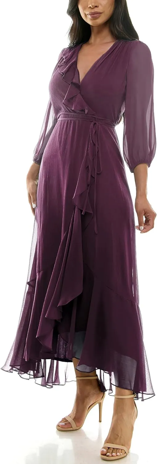 Women's V-Neck Ruffle Faux Wrap Maxi Dress