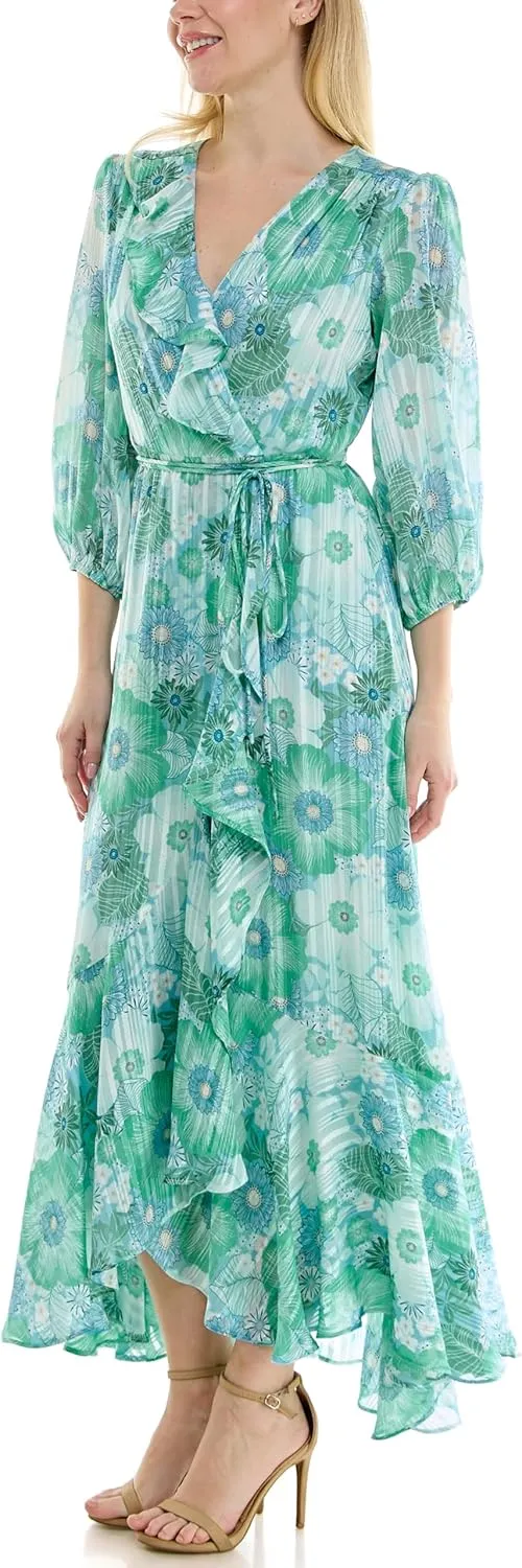 Women's V-Neck Ruffle Faux Wrap Maxi Dress