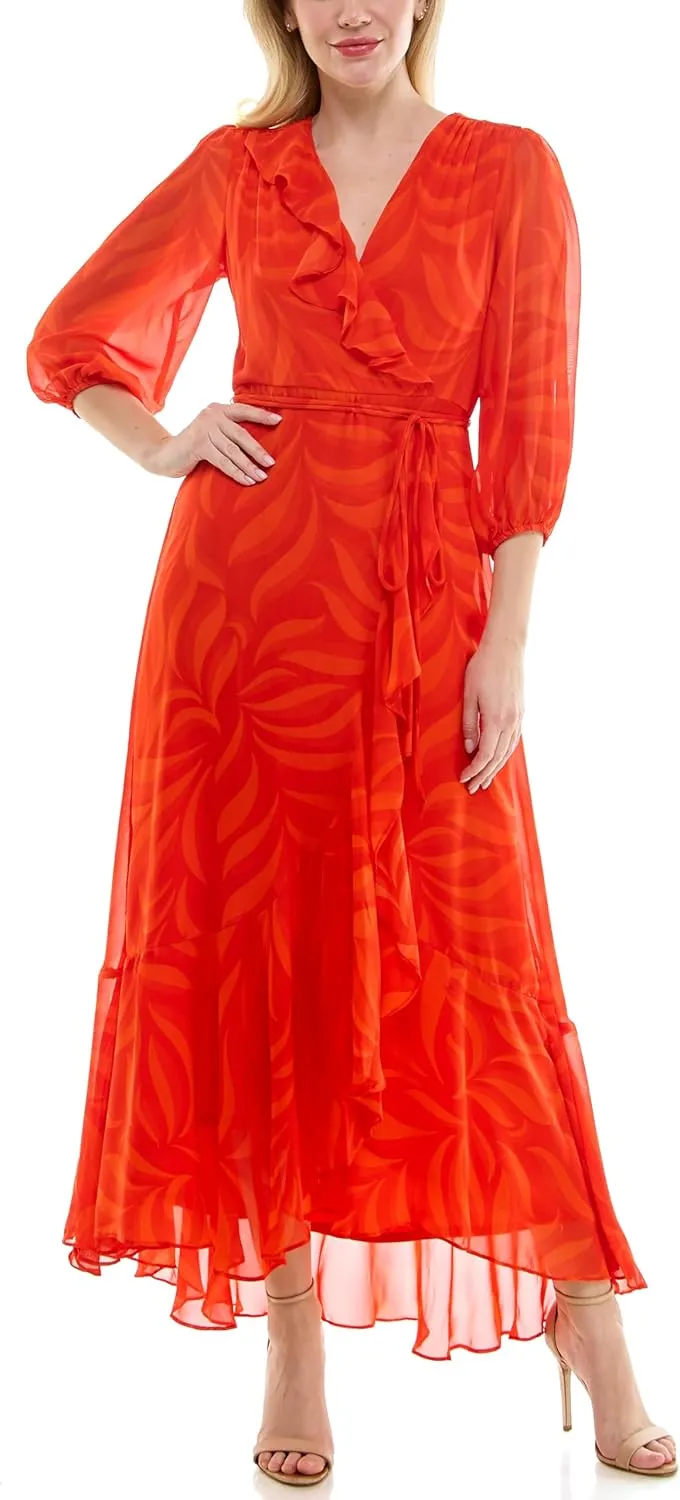 Women's V-Neck Ruffle Faux Wrap Maxi Dress