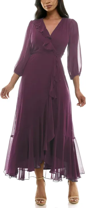 Women's V-Neck Ruffle Faux Wrap Maxi Dress