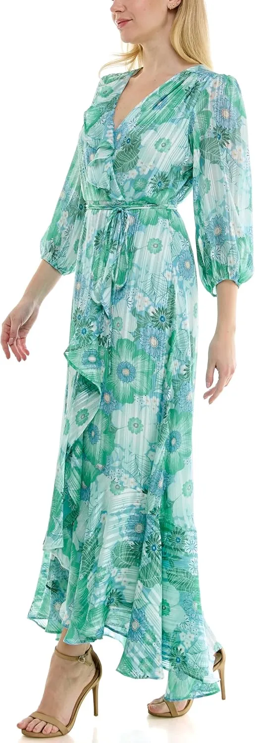 Women's V-Neck Ruffle Faux Wrap Maxi Dress