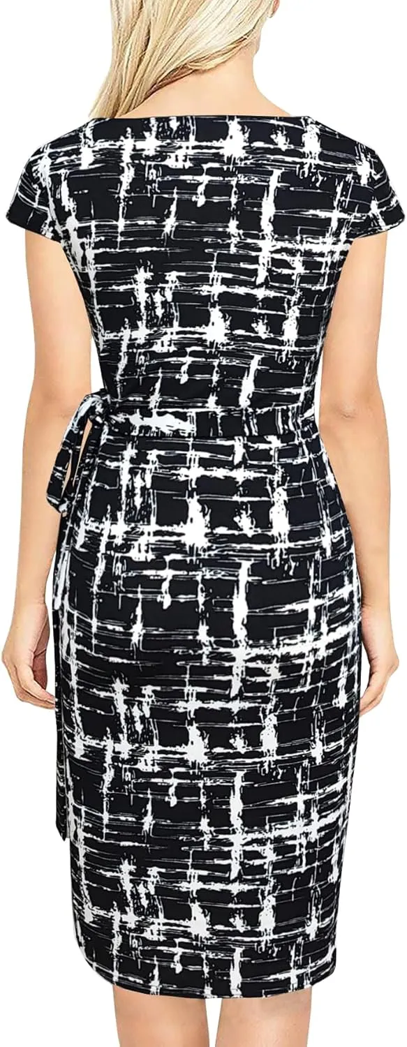 Women's Vintage Cap Sleeves Asymmetrical Neckline Sheath Bodycon Casual Work Cocktail Party Pencil Faux Wrap Dresses