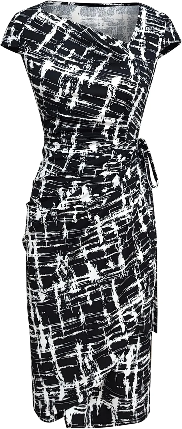 Women's Vintage Cap Sleeves Asymmetrical Neckline Sheath Bodycon Casual Work Cocktail Party Pencil Faux Wrap Dresses