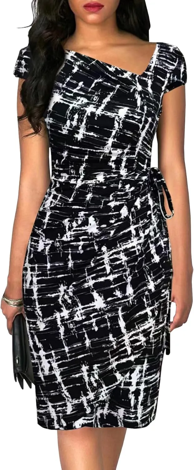 Women's Vintage Cap Sleeves Asymmetrical Neckline Sheath Bodycon Casual Work Cocktail Party Pencil Faux Wrap Dresses
