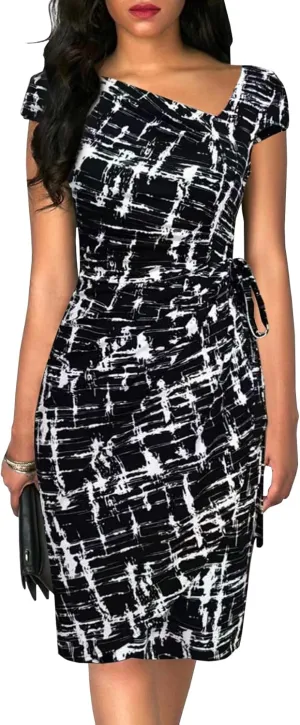 Women's Vintage Cap Sleeves Asymmetrical Neckline Sheath Bodycon Casual Work Cocktail Party Pencil Faux Wrap Dresses
