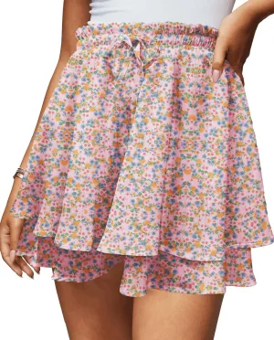 Women's Women's Summer Flowy Ruffle Hem Skirt Elastic High Waist Casual Boho Floral Skorts