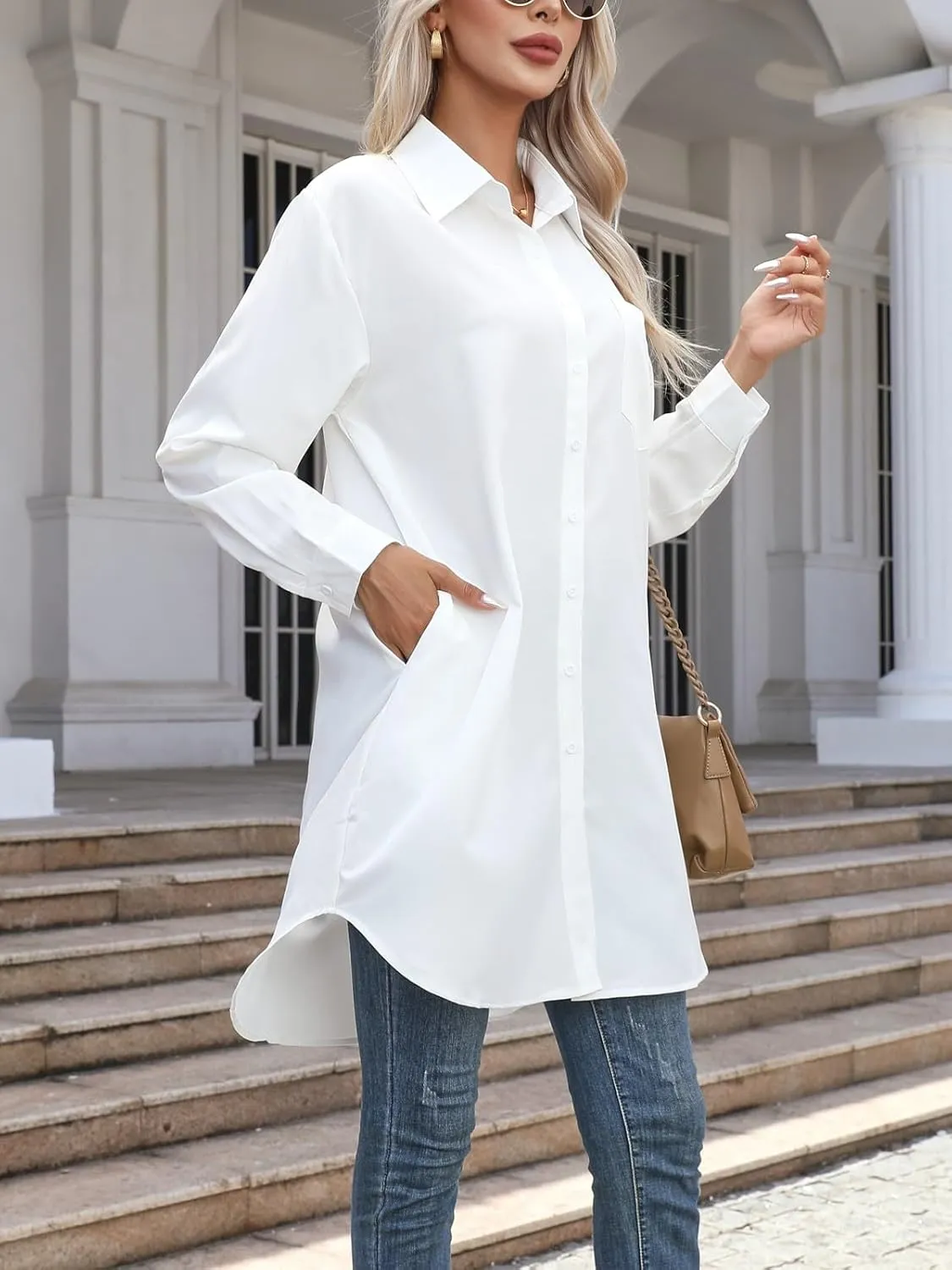Wowcarbazole Womens Button Down Shirt Dresses Casual Long Sleeve Collared Shirts Oversized Blouse Tops with Pocket