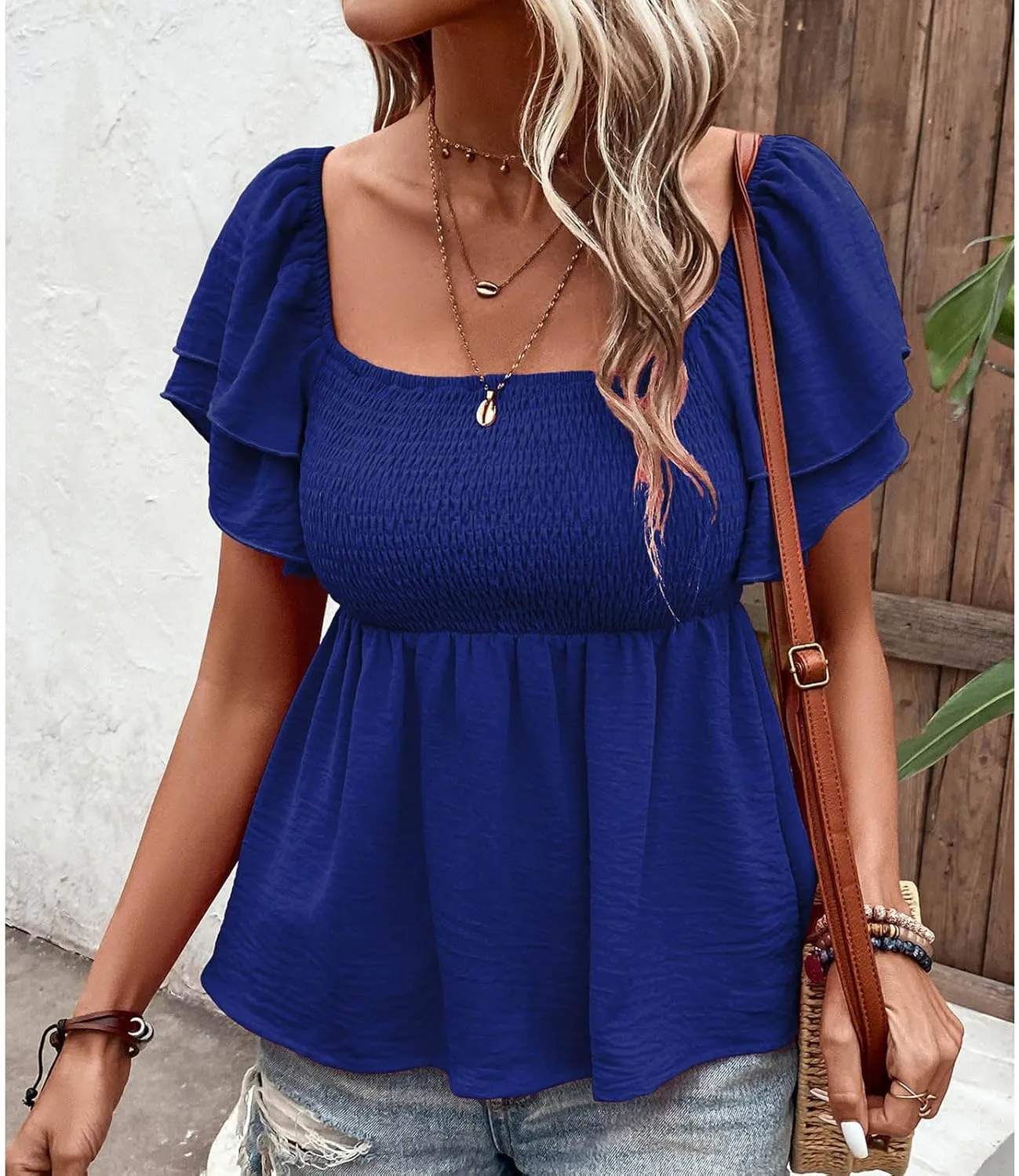 Xiaojmake Womens Summer Peplum Tops Square Neck Ruffle Trim Short Sleeve Shirred Babydoll Blouse Smocked Dressy Casual Shirts