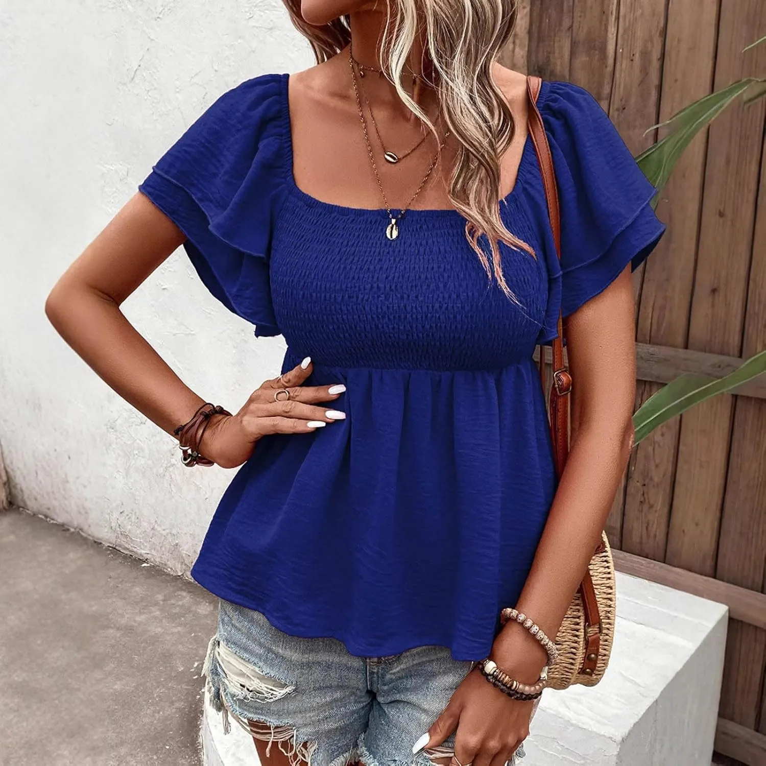 Xiaojmake Womens Summer Peplum Tops Square Neck Ruffle Trim Short Sleeve Shirred Babydoll Blouse Smocked Dressy Casual Shirts