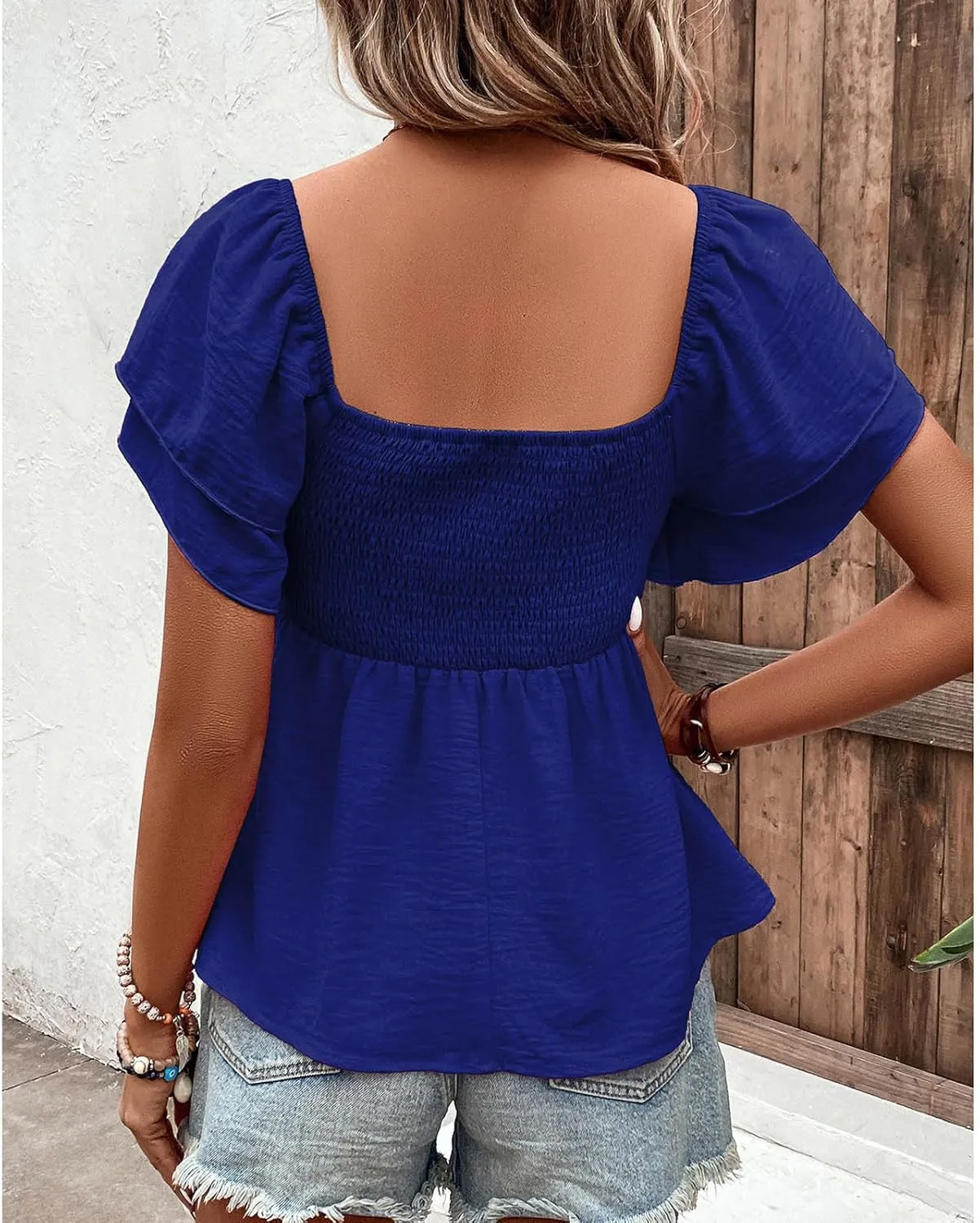 Xiaojmake Womens Summer Peplum Tops Square Neck Ruffle Trim Short Sleeve Shirred Babydoll Blouse Smocked Dressy Casual Shirts