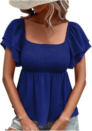 Xiaojmake Womens Summer Peplum Tops Square Neck Ruffle Trim Short Sleeve Shirred Babydoll Blouse Smocked Dressy Casual Shirts