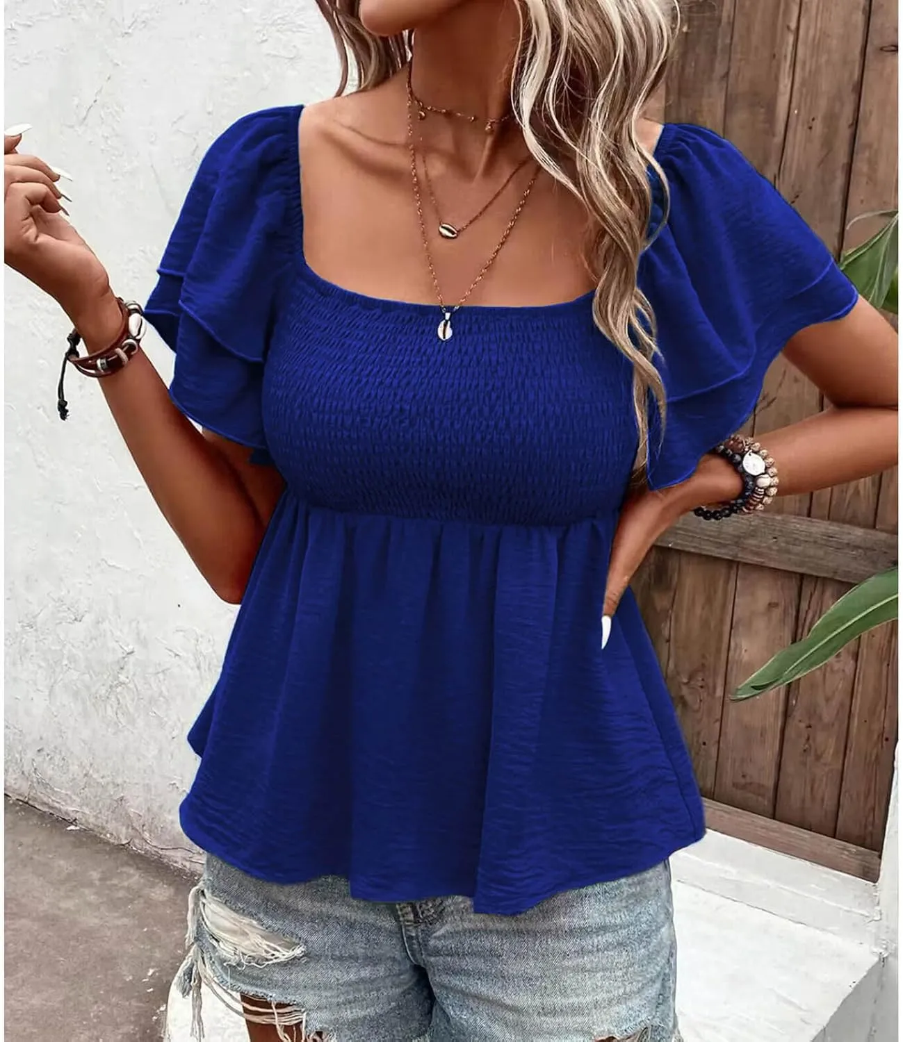 Xiaojmake Womens Summer Peplum Tops Square Neck Ruffle Trim Short Sleeve Shirred Babydoll Blouse Smocked Dressy Casual Shirts