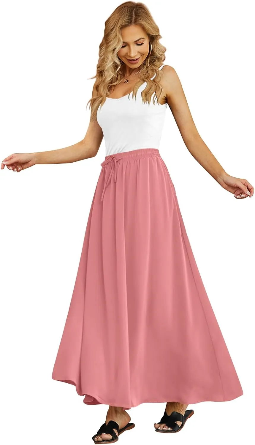 Yincro Women's Flowy Maxi Skirt Summer Pleated High Waisted Casual Long Skirts with Pockets