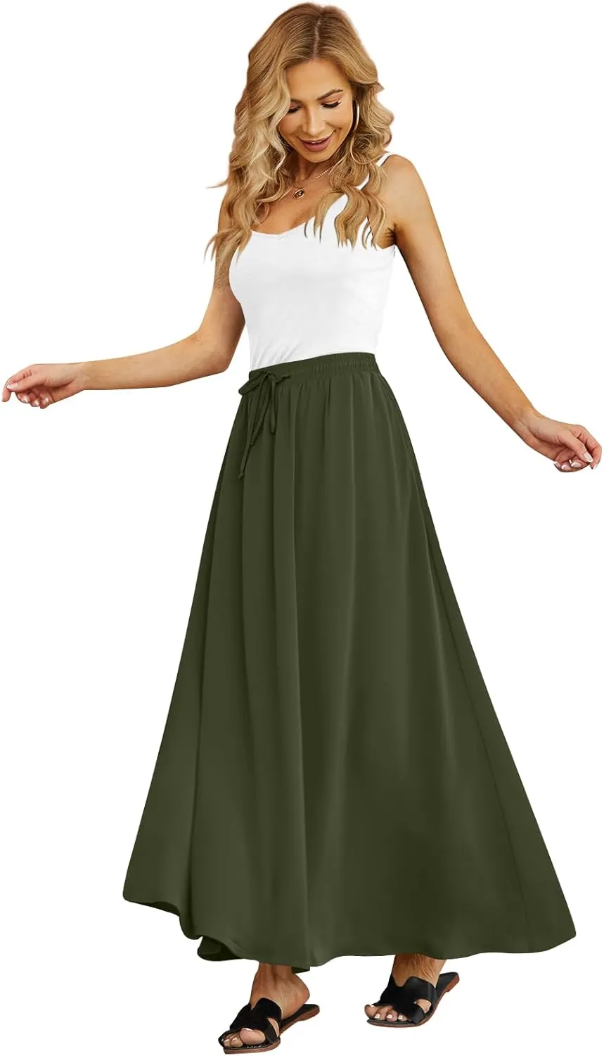 Yincro Women's Flowy Maxi Skirt Summer Pleated High Waisted Casual Long Skirts with Pockets