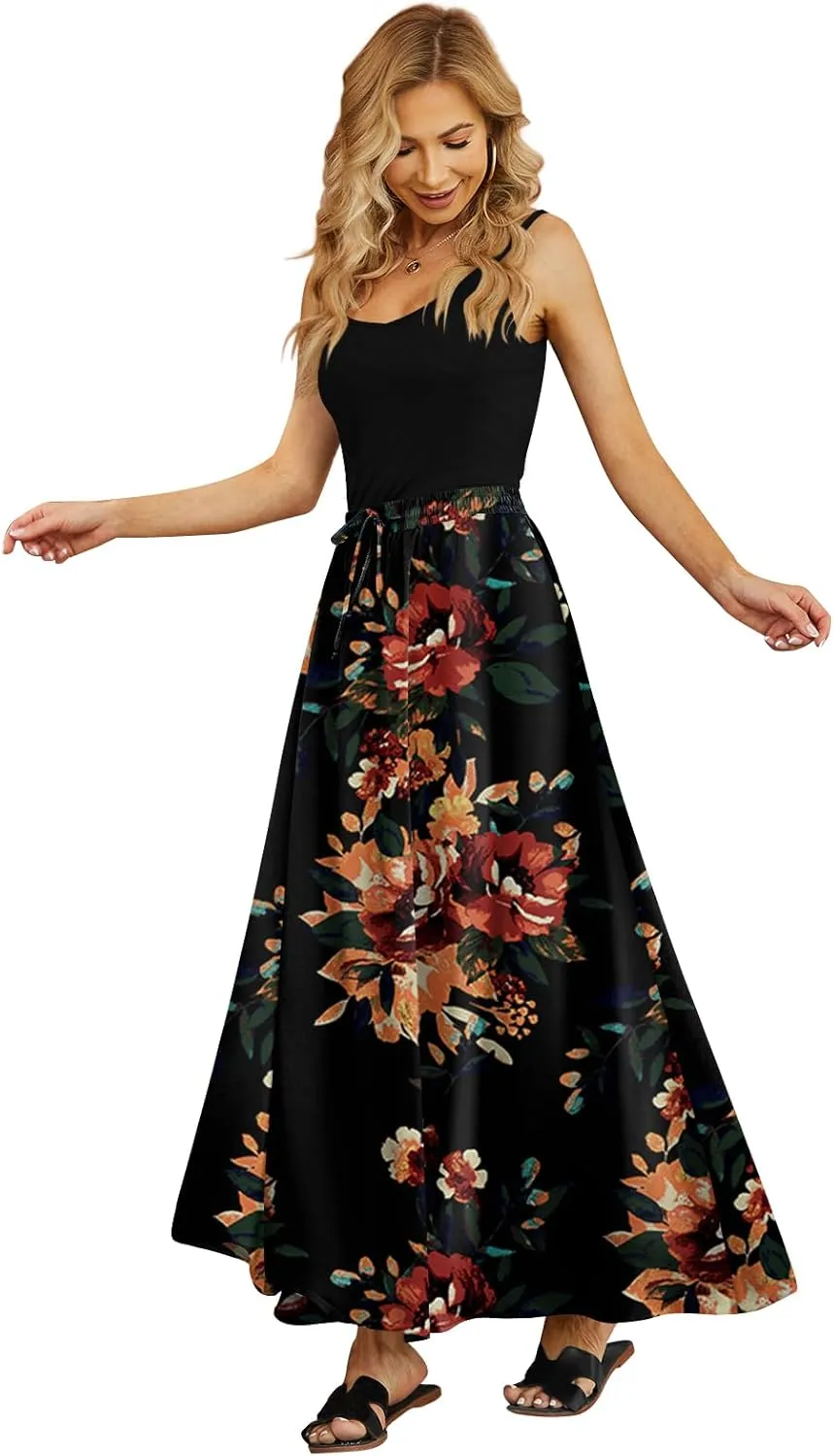 Yincro Women's Flowy Maxi Skirt Summer Pleated High Waisted Casual Long Skirts with Pockets