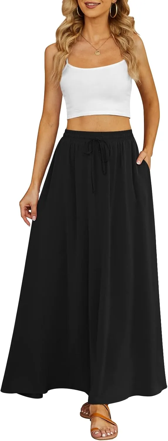 Yincro Women's Flowy Maxi Skirt Summer Pleated High Waisted Casual Long Skirts with Pockets