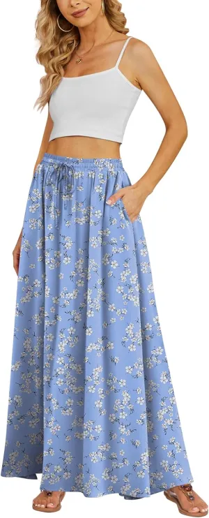 Yincro Women's Flowy Maxi Skirt Summer Pleated High Waisted Casual Long Skirts with Pockets