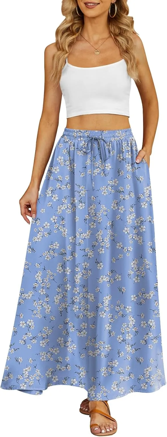 Yincro Women's Flowy Maxi Skirt Summer Pleated High Waisted Casual Long Skirts with Pockets