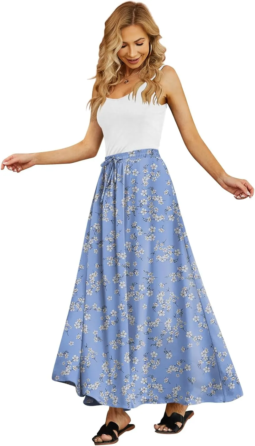 Yincro Women's Flowy Maxi Skirt Summer Pleated High Waisted Casual Long Skirts with Pockets