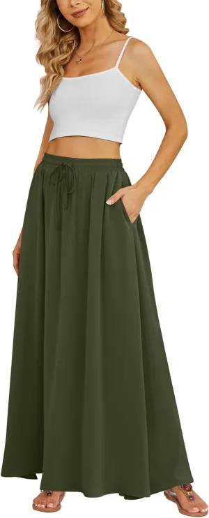 Yincro Women's Flowy Maxi Skirt Summer Pleated High Waisted Casual Long Skirts with Pockets