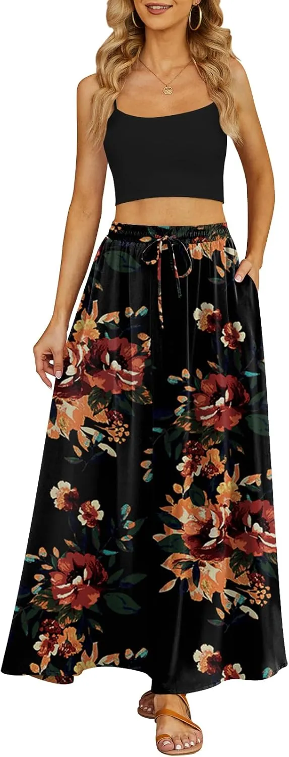 Yincro Women's Flowy Maxi Skirt Summer Pleated High Waisted Casual Long Skirts with Pockets