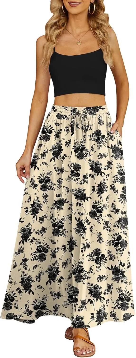 Yincro Women's Flowy Maxi Skirt Summer Pleated High Waisted Casual Long Skirts with Pockets