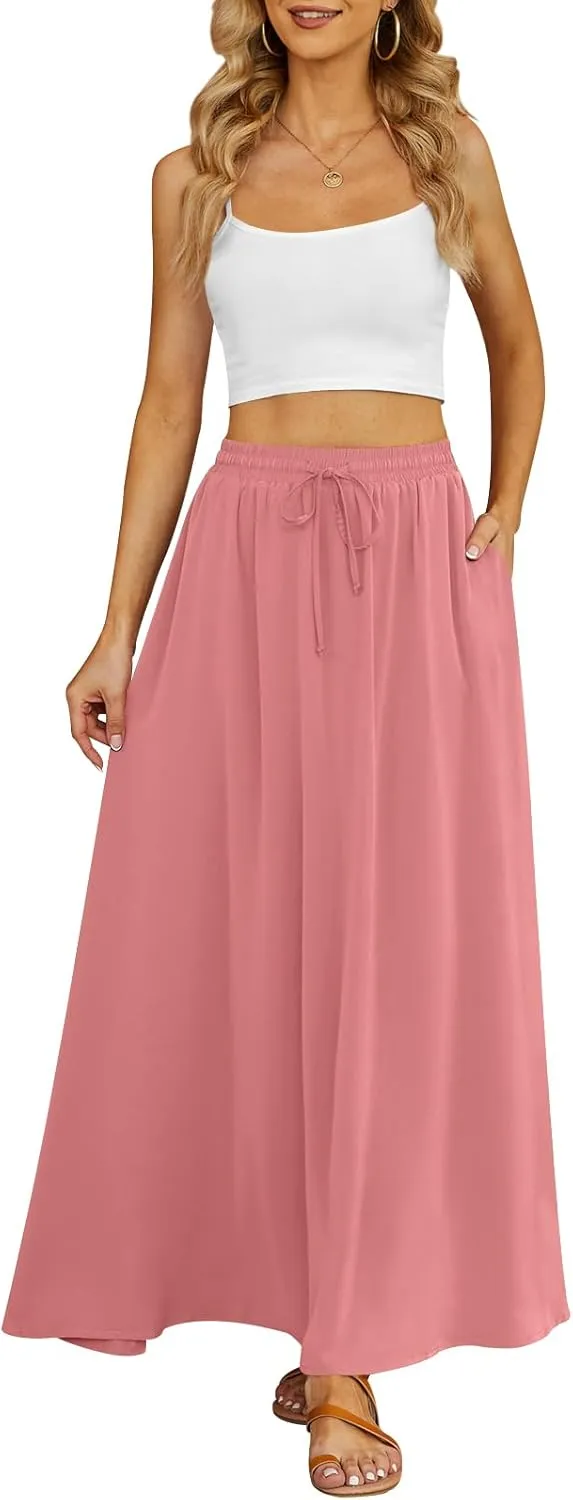 Yincro Women's Flowy Maxi Skirt Summer Pleated High Waisted Casual Long Skirts with Pockets