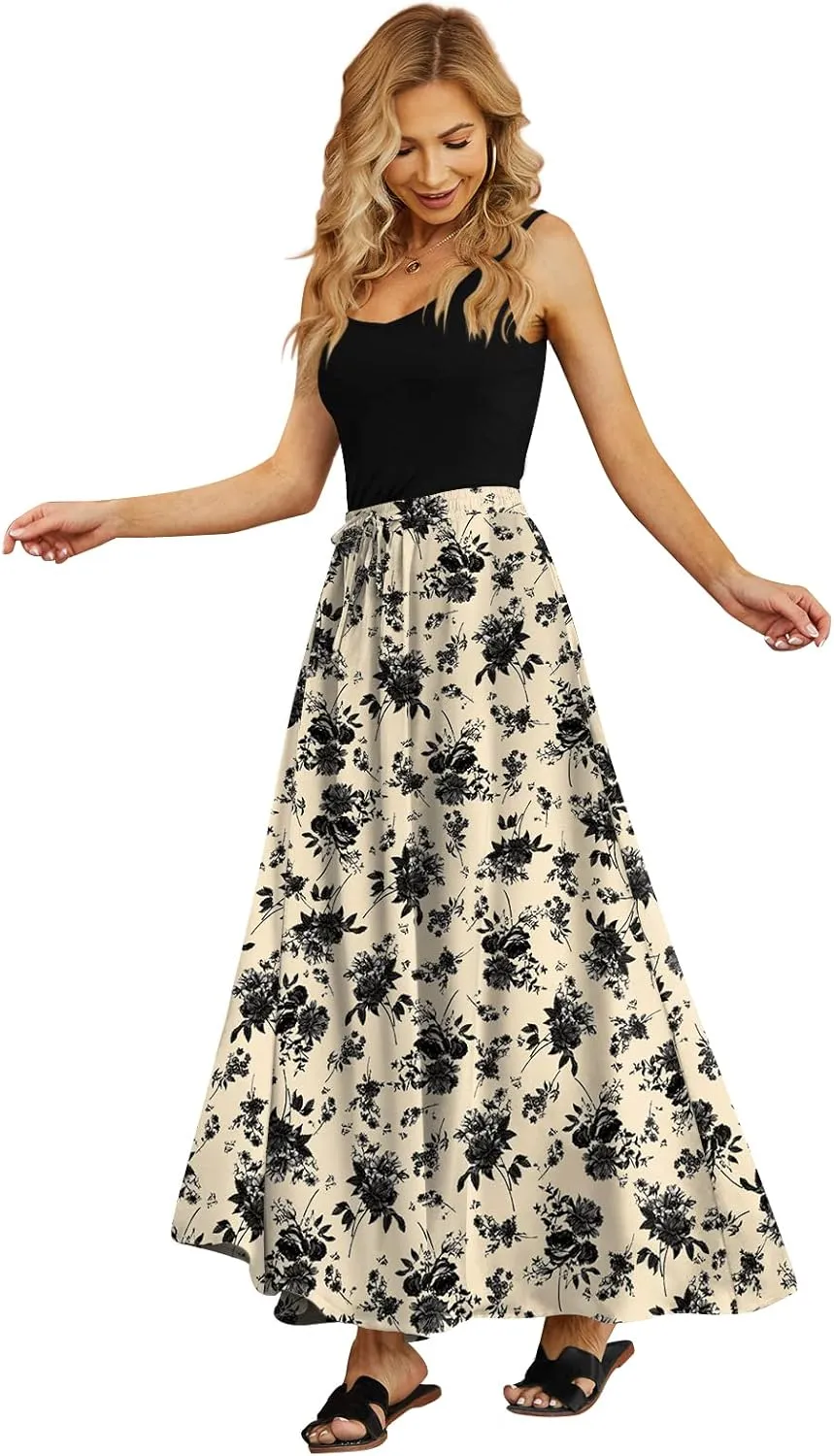 Yincro Women's Flowy Maxi Skirt Summer Pleated High Waisted Casual Long Skirts with Pockets
