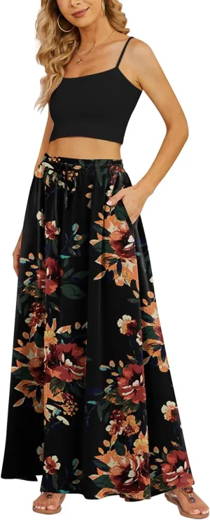 Yincro Women's Flowy Maxi Skirt Summer Pleated High Waisted Casual Long Skirts with Pockets