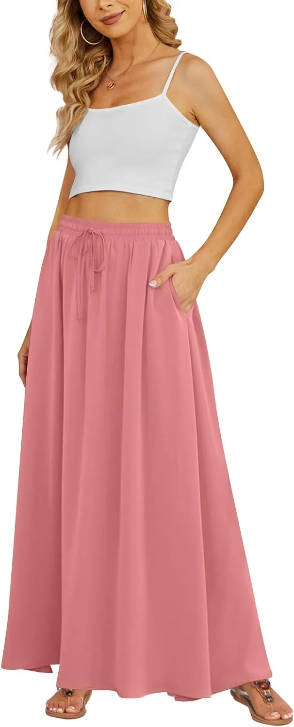 Yincro Women's Flowy Maxi Skirt Summer Pleated High Waisted Casual Long Skirts with Pockets