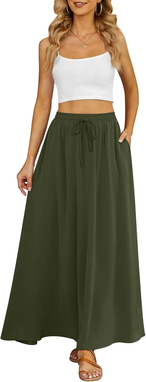 Yincro Women's Flowy Maxi Skirt Summer Pleated High Waisted Casual Long Skirts with Pockets