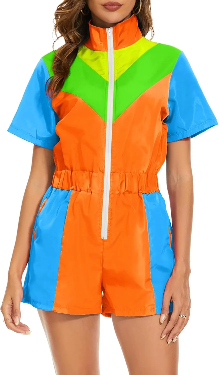 Yisfri Color Block One Piece Windbreaker Outfits for Women Neon Short Sleeve Zip Front Elastic Waist Jumpsuit Overall