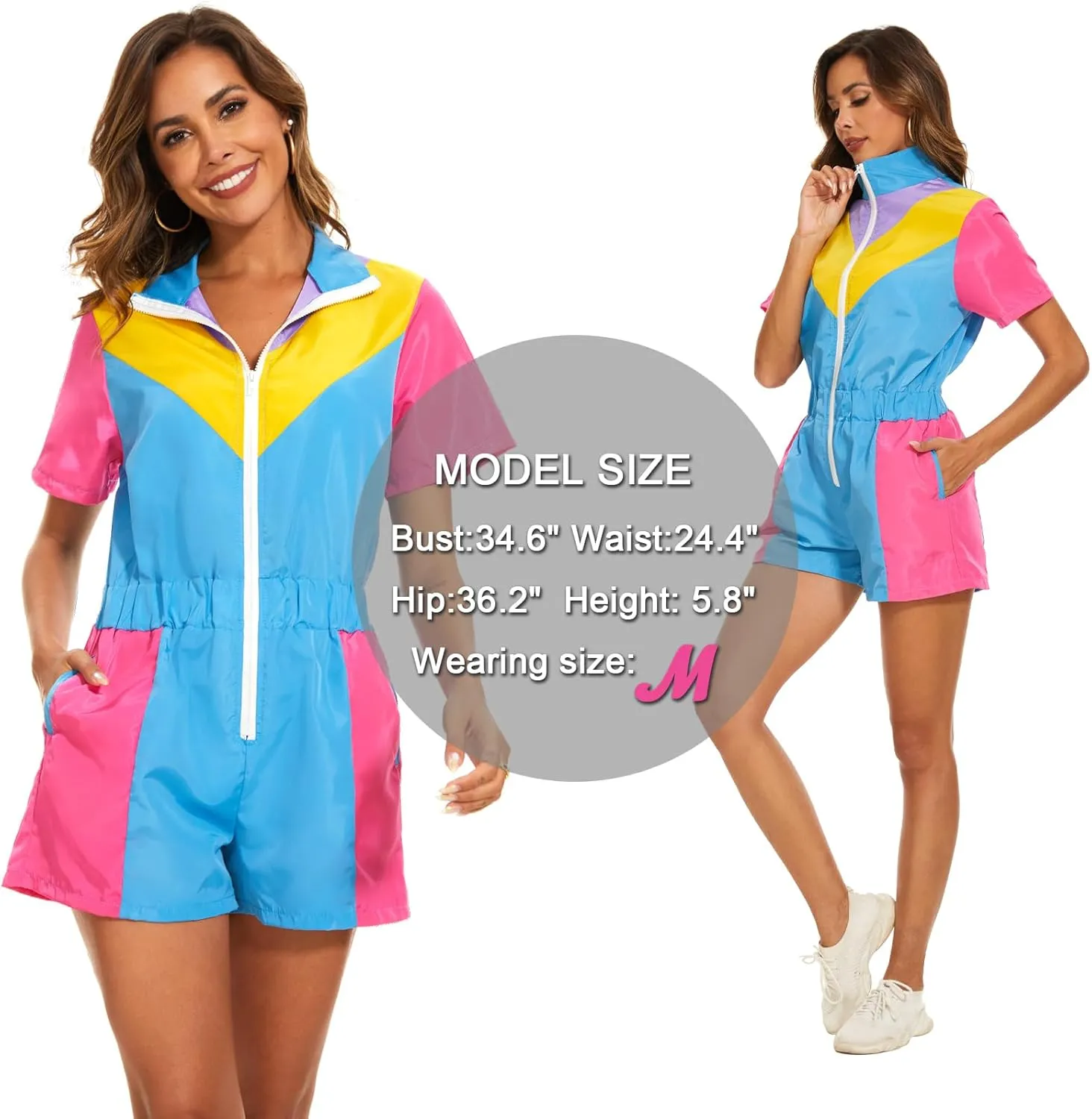Yisfri Color Block One Piece Windbreaker Outfits for Women Neon Short Sleeve Zip Front Elastic Waist Jumpsuit Overall