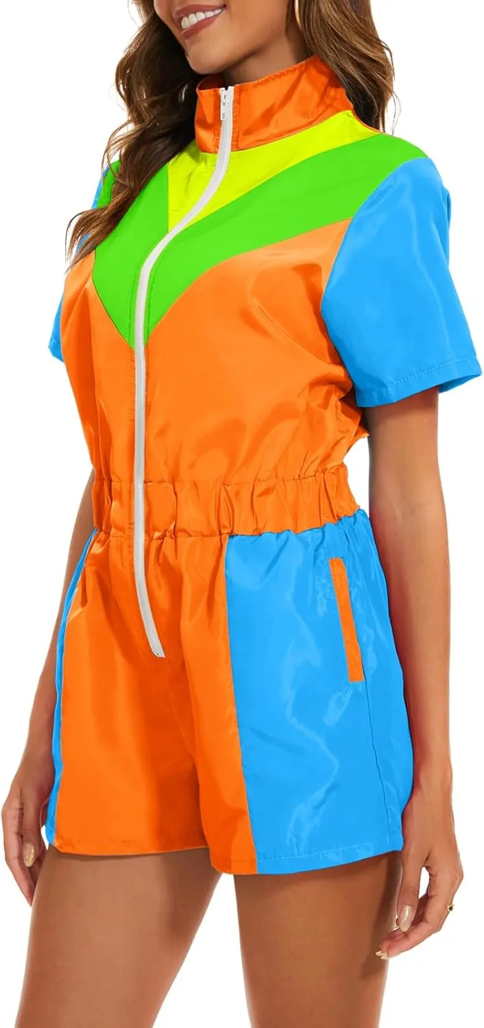 Yisfri Color Block One Piece Windbreaker Outfits for Women Neon Short Sleeve Zip Front Elastic Waist Jumpsuit Overall