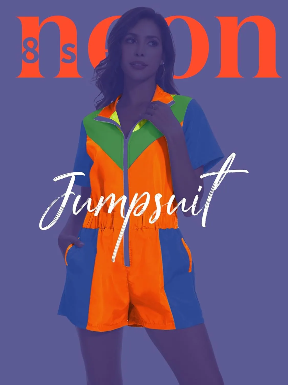 Yisfri Color Block One Piece Windbreaker Outfits for Women Neon Short Sleeve Zip Front Elastic Waist Jumpsuit Overall