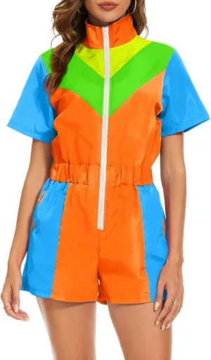 Yisfri Color Block One Piece Windbreaker Outfits for Women Neon Short Sleeve Zip Front Elastic Waist Jumpsuit Overall