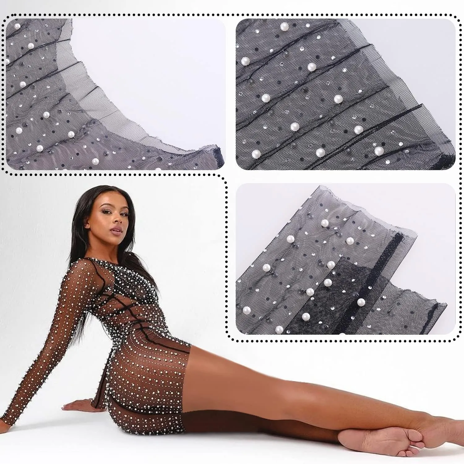 Ypser Pearl Mesh Rhinestone Cover Up See Through Summer Beach Mini Dress Two Pieces Pearl Sheer Dress