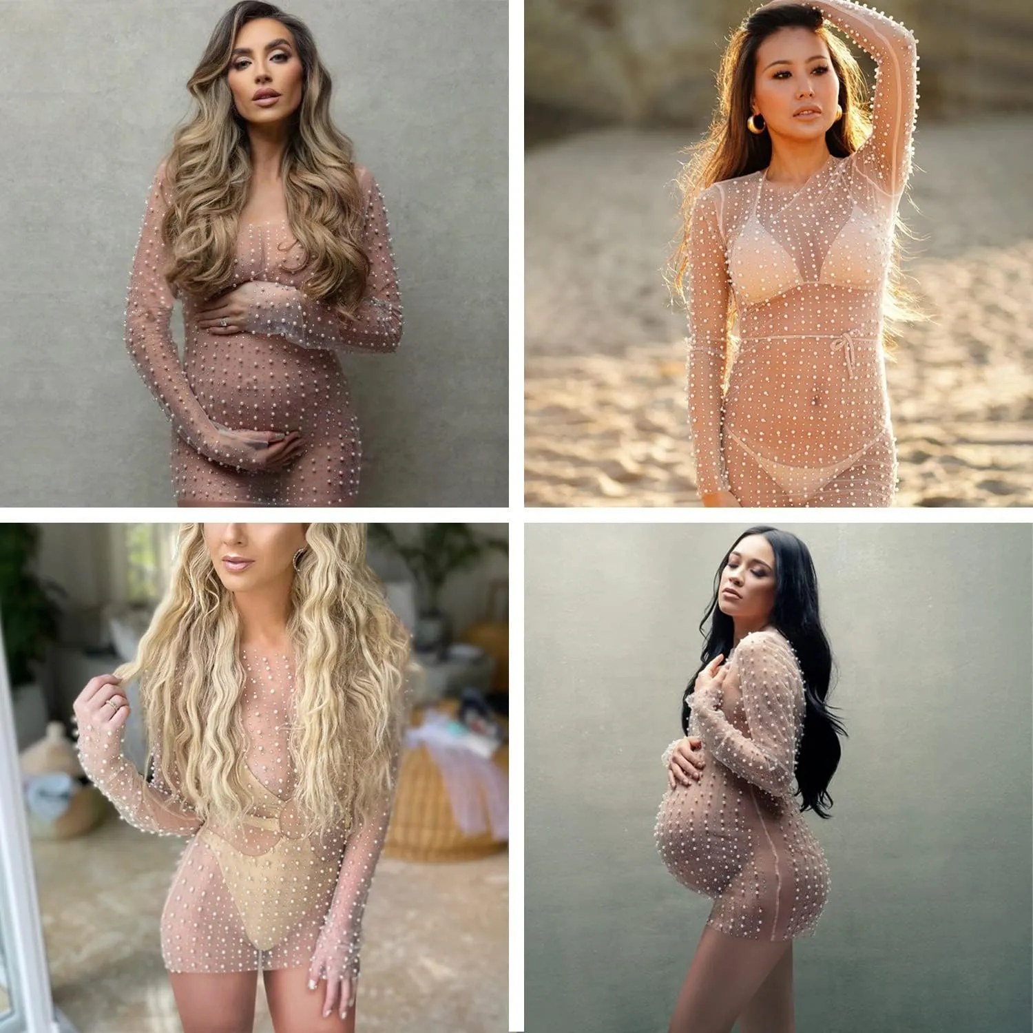 Ypser Pearl Mesh Rhinestone Cover Up See Through Summer Beach Mini Dress Two Pieces Pearl Sheer Dress