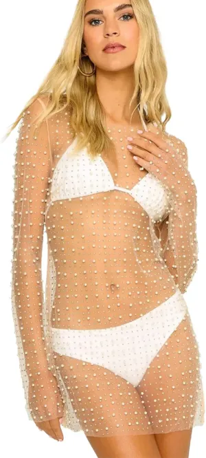 Ypser Pearl Mesh Rhinestone Cover Up See Through Summer Beach Mini Dress Two Pieces Pearl Sheer Dress