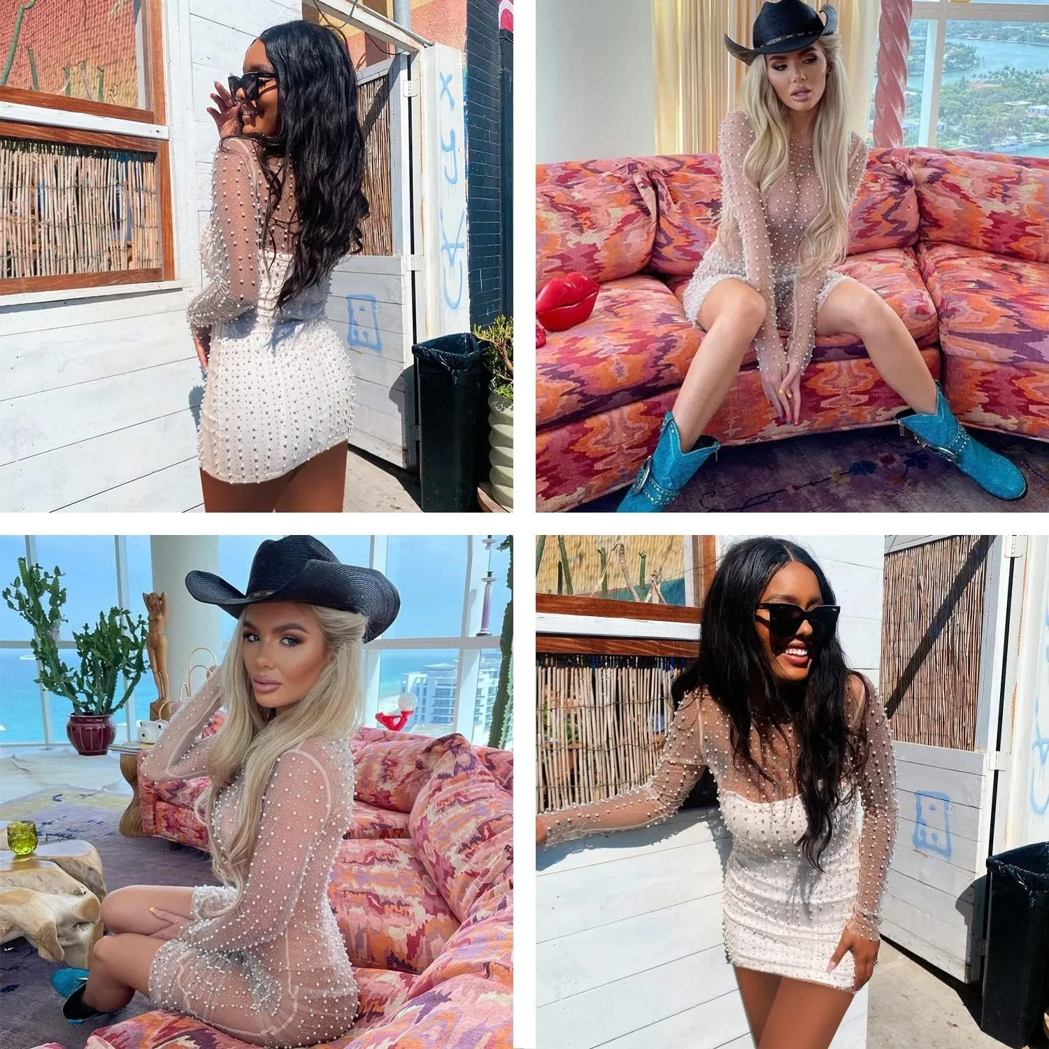 Ypser Pearl Mesh Rhinestone Cover Up See Through Summer Beach Mini Dress Two Pieces Pearl Sheer Dress