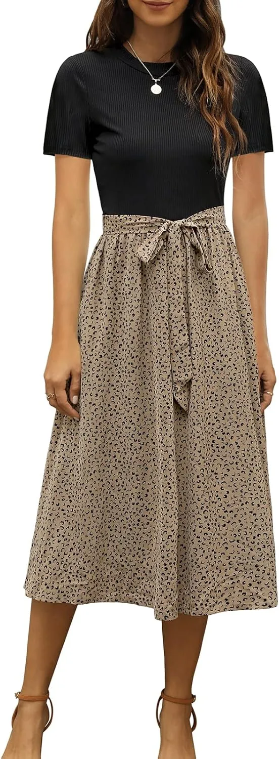 Zattcas Women 2025 Summer Dress Short Sleeve Ribbed Teacher Church Modest Business Casual Work Outfits Midi Dress