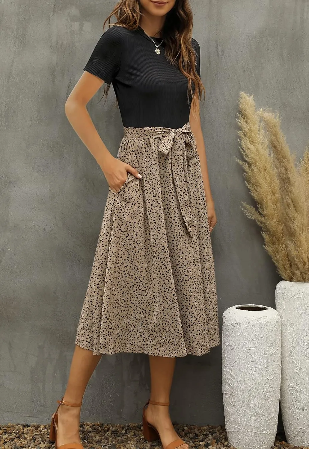 Zattcas Women 2025 Summer Dress Short Sleeve Ribbed Teacher Church Modest Business Casual Work Outfits Midi Dress