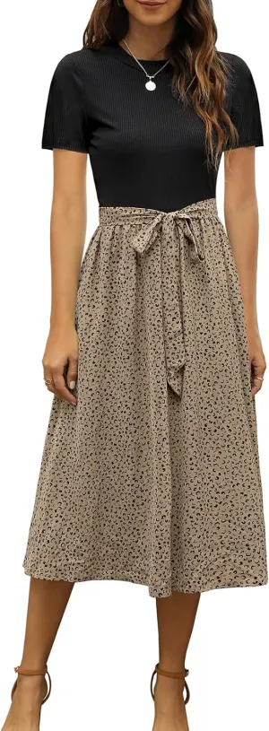 Zattcas Women 2025 Summer Dress Short Sleeve Ribbed Teacher Church Modest Business Casual Work Outfits Midi Dress