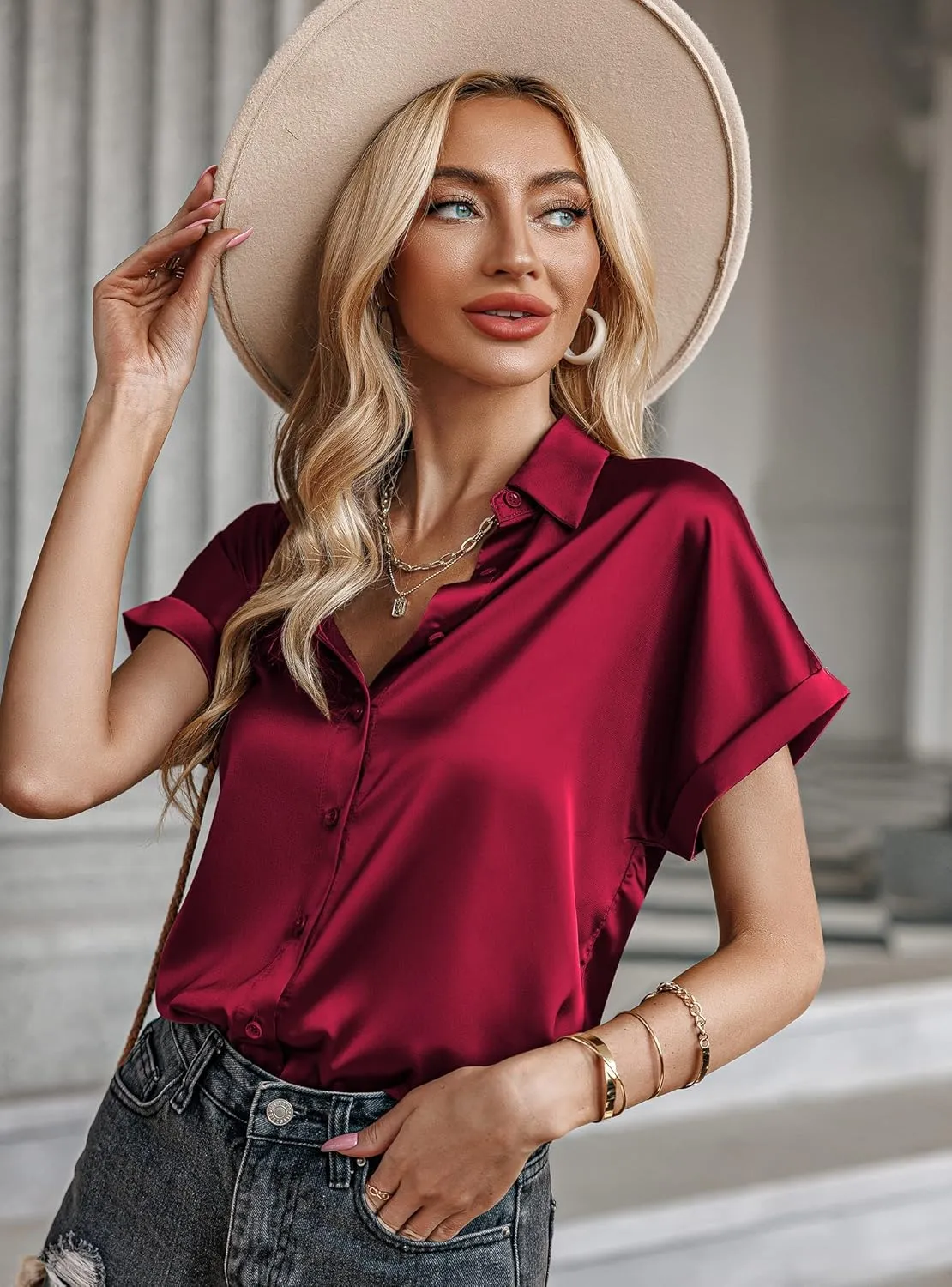 Zeagoo Silk Blouse for Women Short Sleeve Satin Button Down Shirts Casual Loose V-Neck Business Work Tunic Top